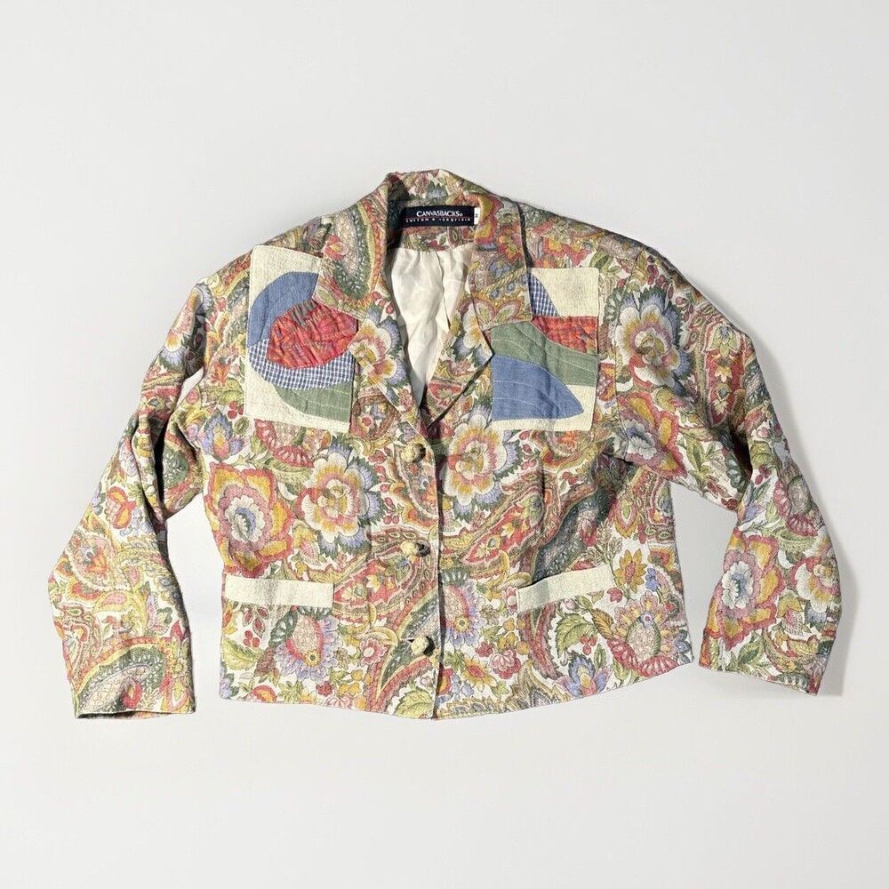 CANVASBACKS Linen Carpet Bag Jacket SzM Hemp Rope Buttons Patchwork Boho 70s